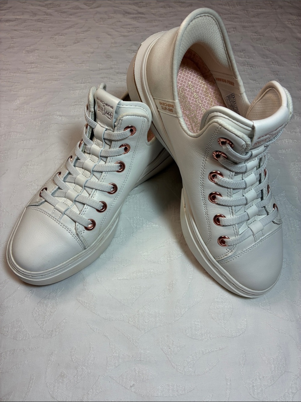 Skechers Snoop Dogg White Leather Sneakers with Rose-Gold Eyelets